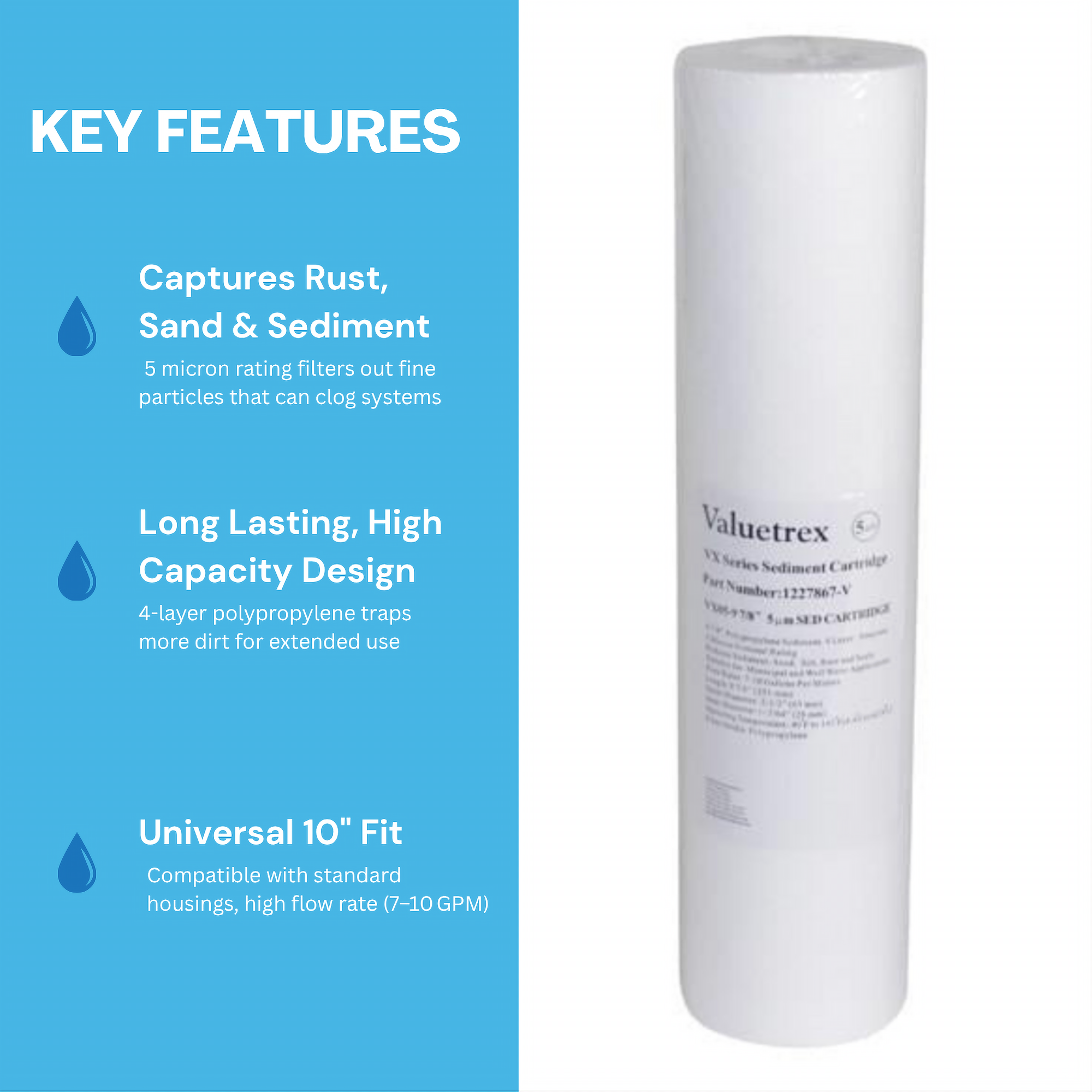 Valuetrex 5 Micron 10" Sediment Water Filter Part # 1227867-V